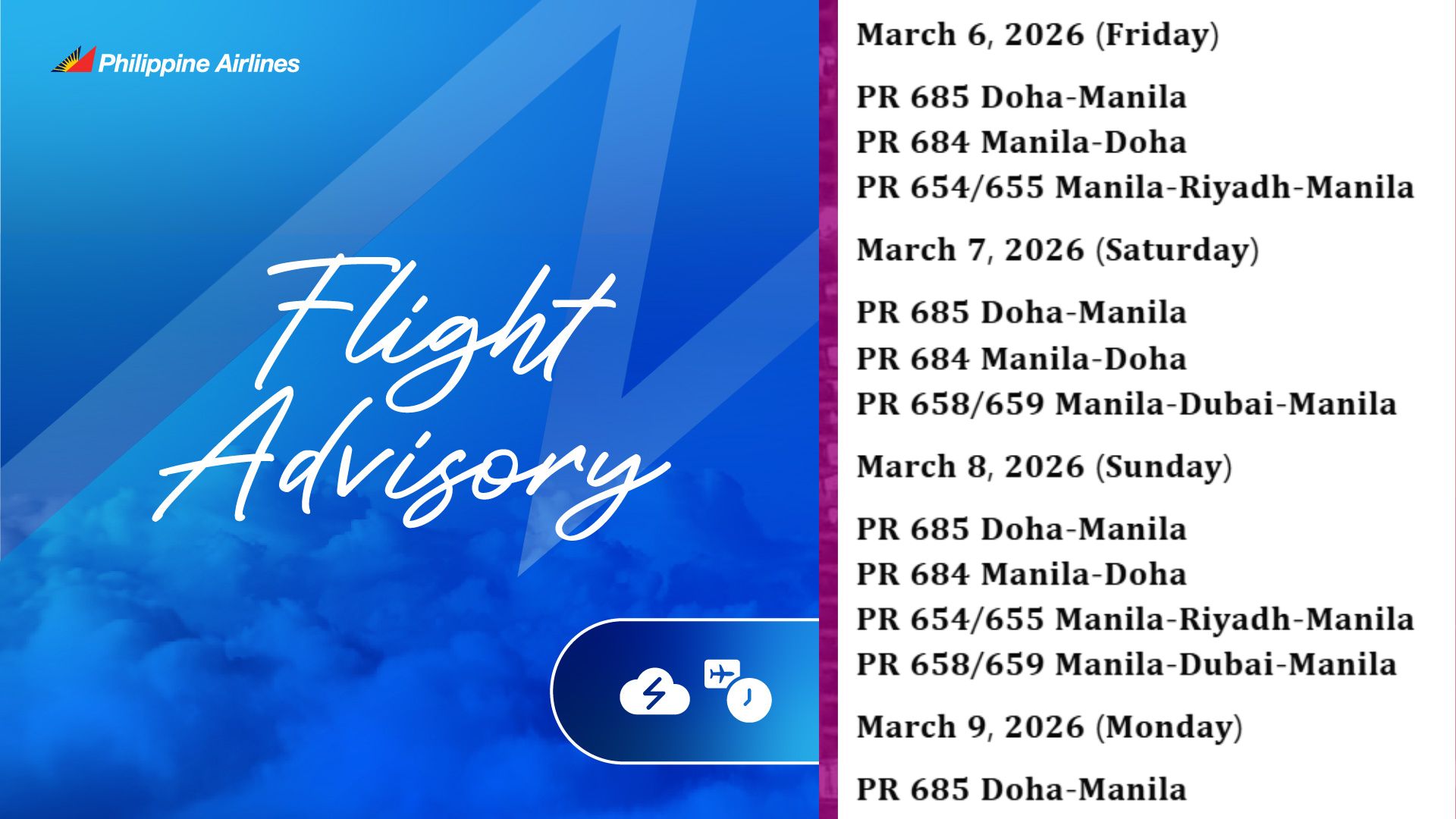 Biyahe ng PAL sa ilang bahagi ng Middle East kanselado pa rin hanggang March 9
