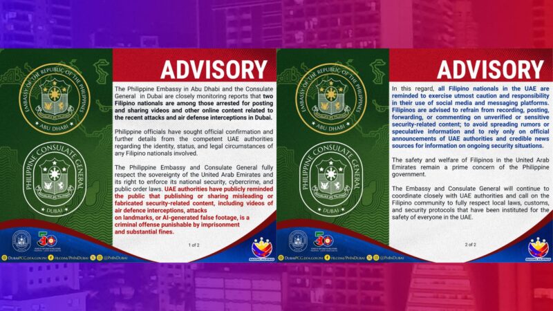 Embahada ng Pinas inaalam na ang sitwasyon ng mga Pinoy na inaresto sa Dubai
