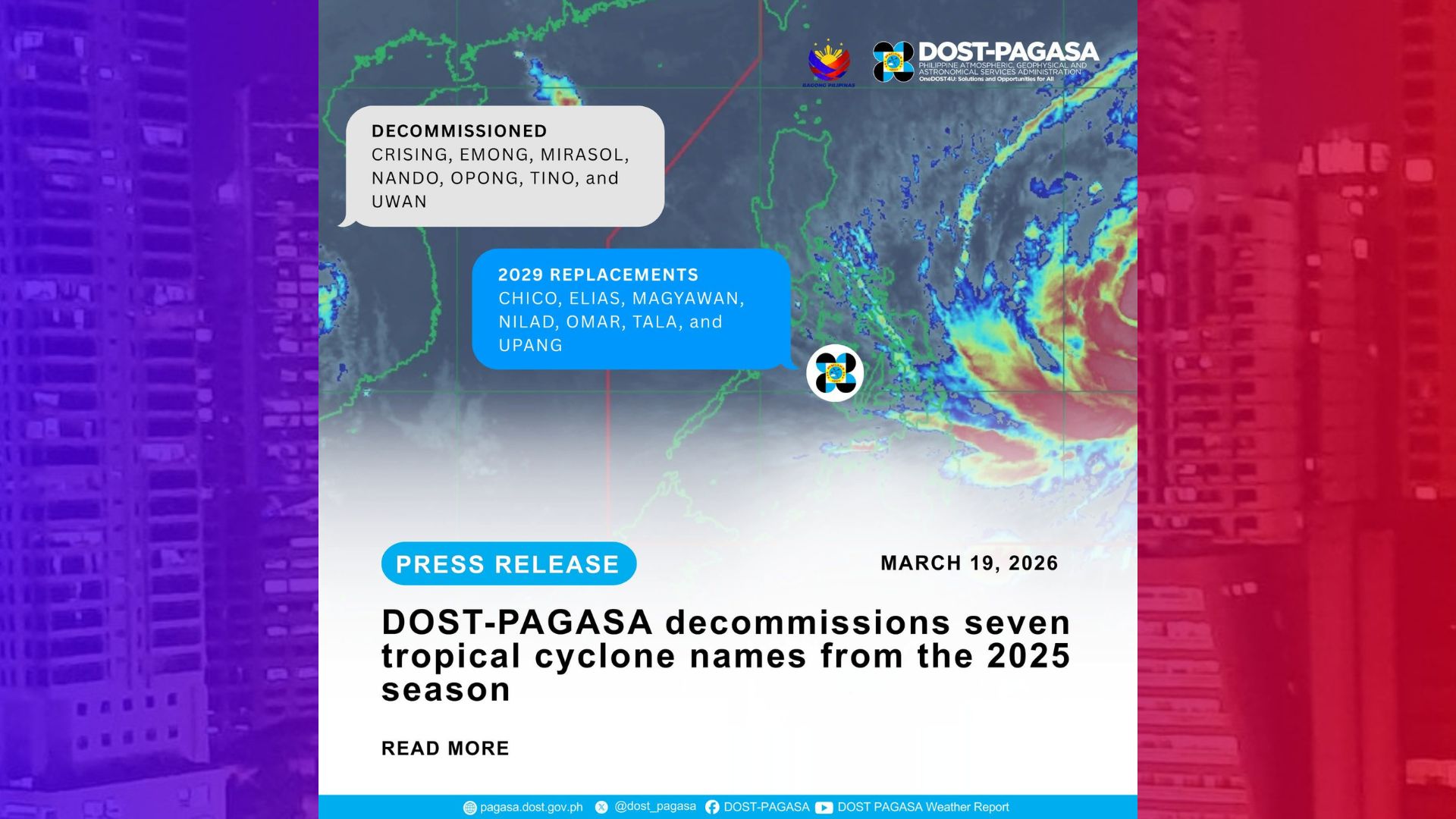7 pangalan ng bagyo hindi na gagamitin ng PAGASA