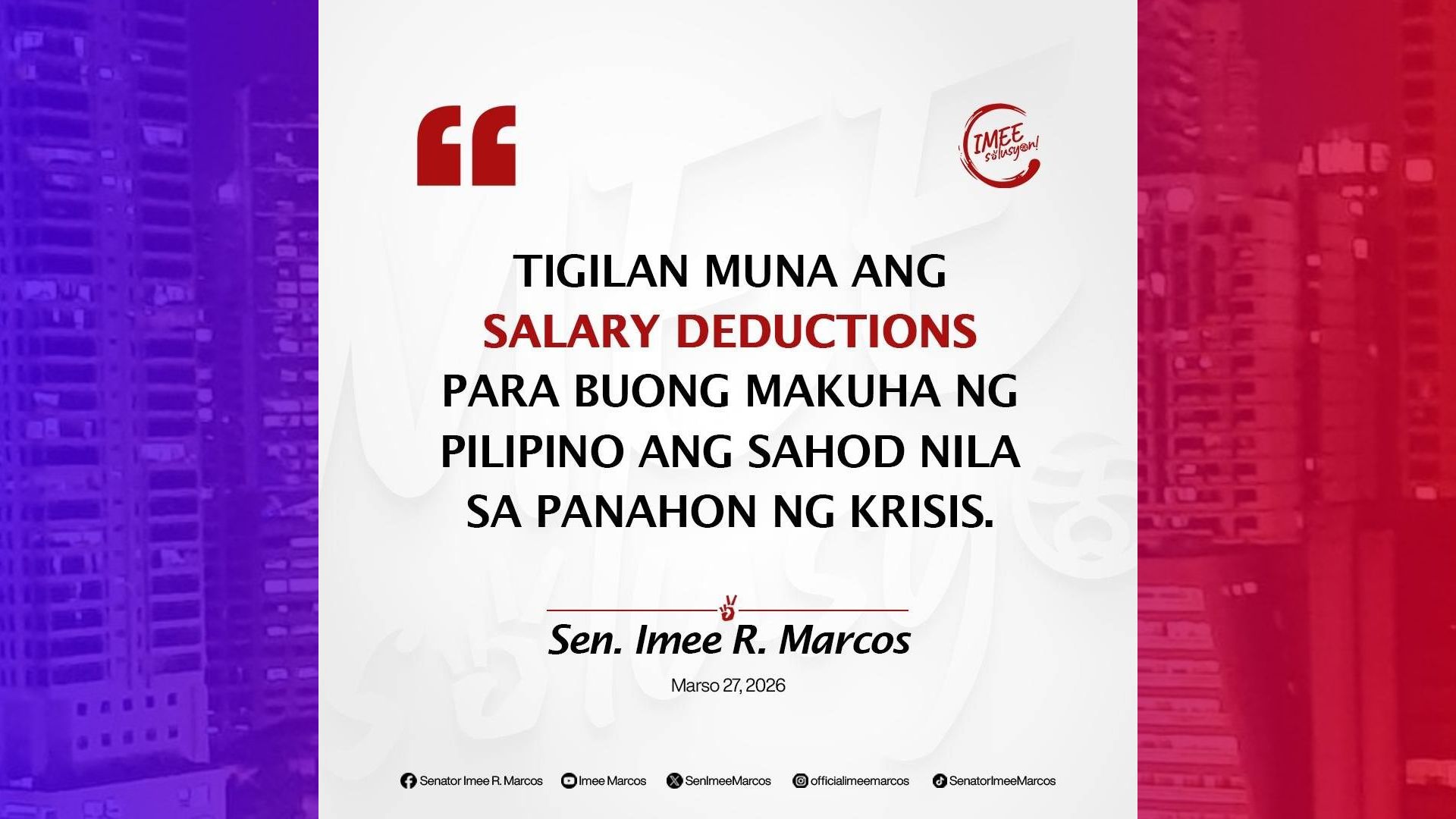 Salary Deductions suspendihin muna – Sen. Imee
