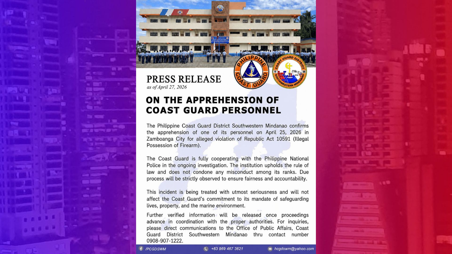 Coast Guard tiniyak ang pakikipagtulungan sa imbestigasyon sa tauhang nahulihan ng baril