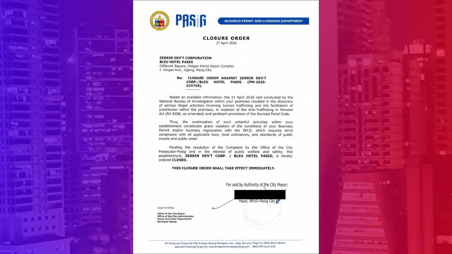 Bleu Hotel ipinasara ng Pasig City LGU