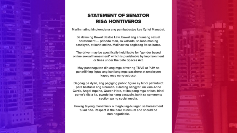 TNVS driver na nambastos ng aktres binatikos ni Sen. Hontiveros