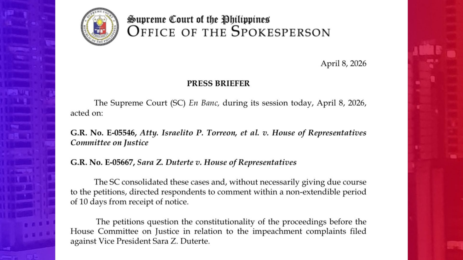 Kamara pinagkokomento ng SC sa inihaing petisyon ni VP Sara vs impeachment