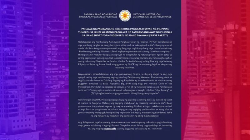 NHCP kinondena ang paggamit sa Lupang Hinirang sa isang Rave Party sa US