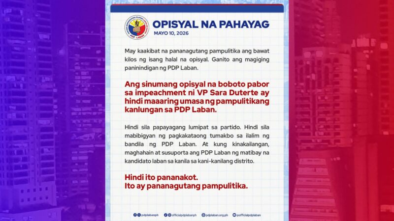 Mga pulitikong papabor sa impeachment vs VP Sara iba-blacklist ng PDP LABAN