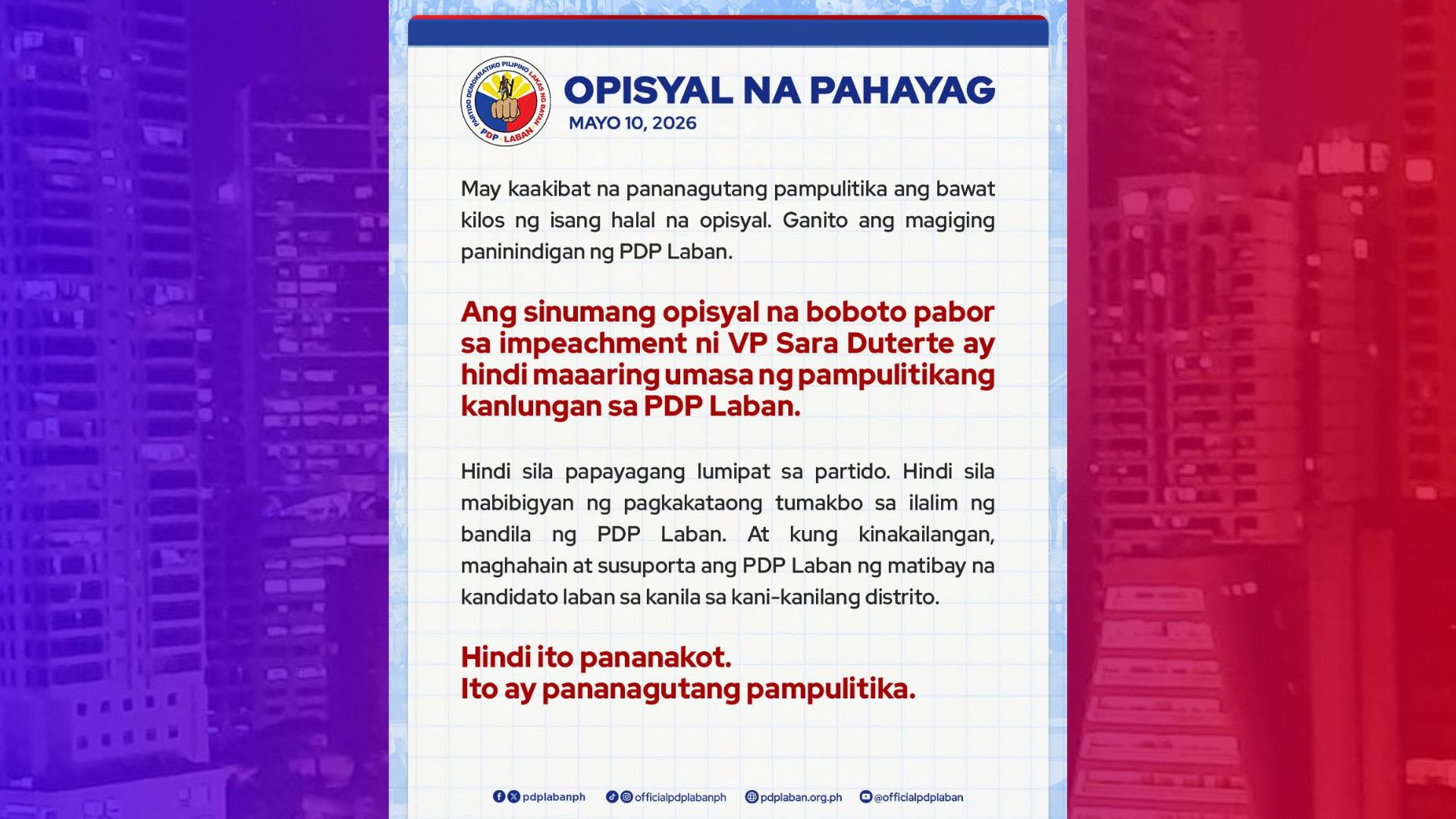 Mga pulitikong papabor sa impeachment vs VP Sara iba-blacklist ng PDP LABAN