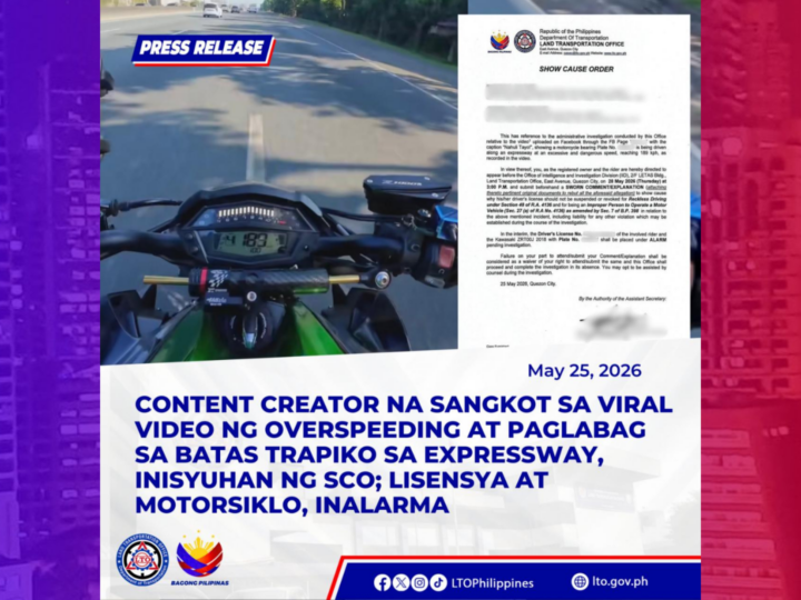 Content creator na sangkot sa over speeding sa expressway pinagpapaliwanag ng LTO
