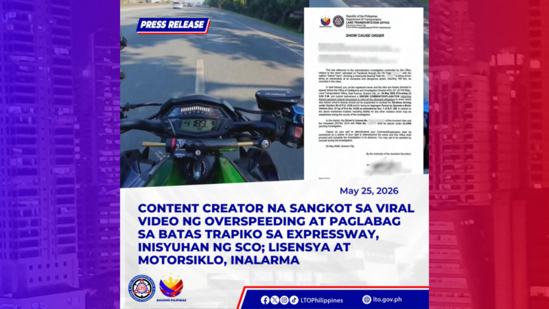 Content creator na sangkot sa over speeding sa expressway pinagpapaliwanag ng LTO