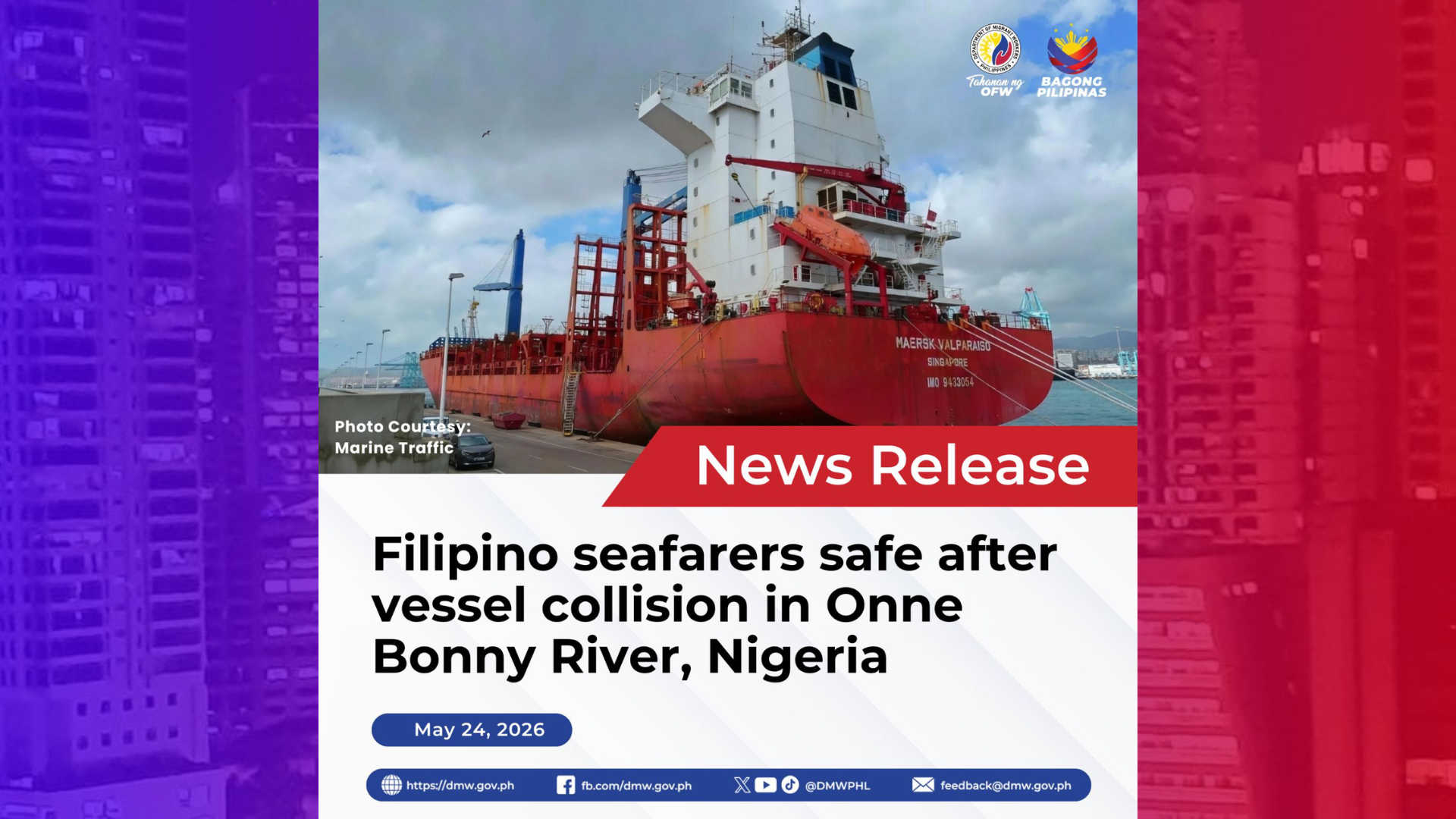 14 na Pinoy Marino ligtas matapos ang banggaan ng 2 barko sa Nigeria
