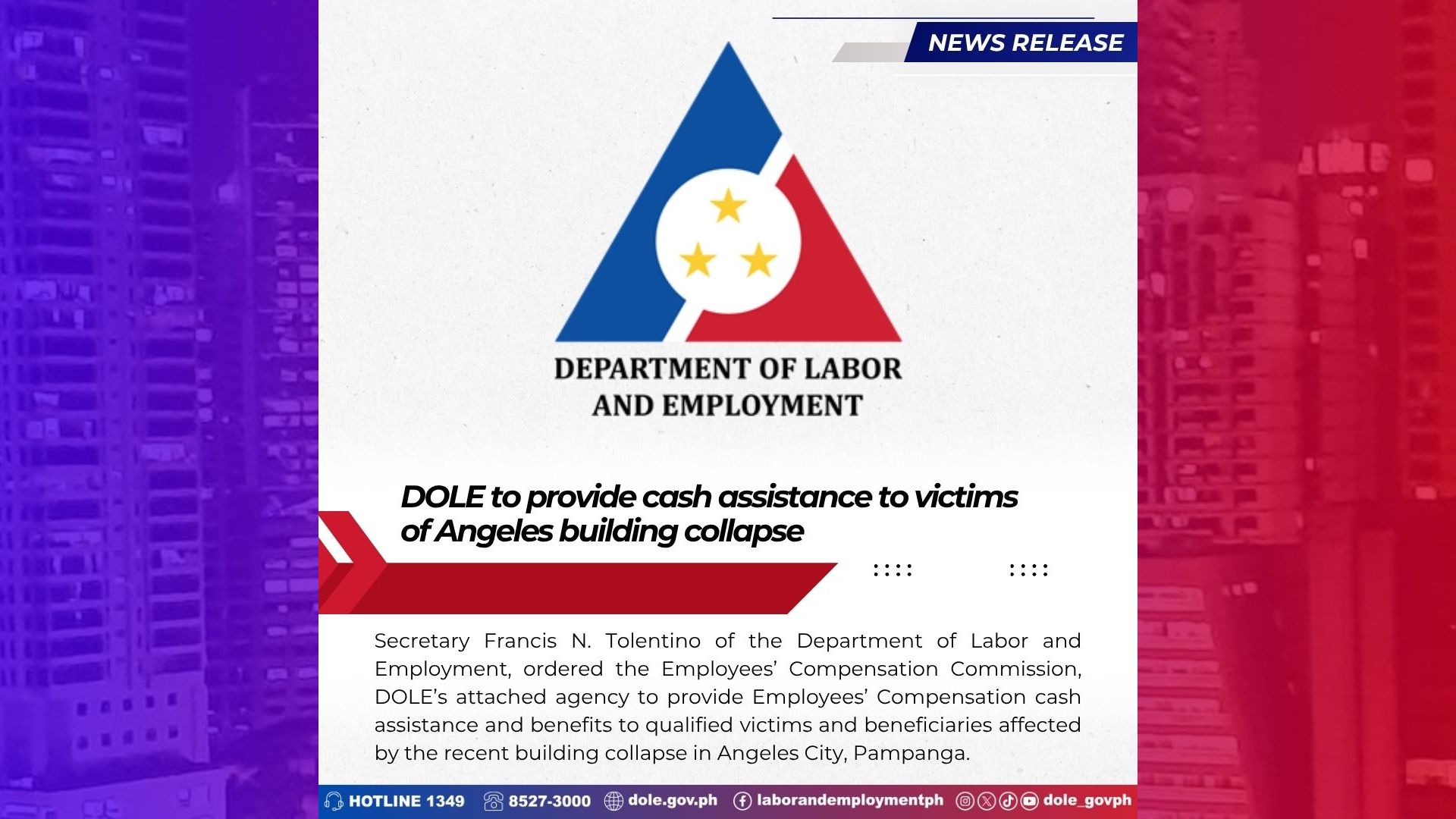 Mga biktima sa gumuhong gusali sa Pampanga tatanggap ng tulong-pinansyal mula sa DOLE