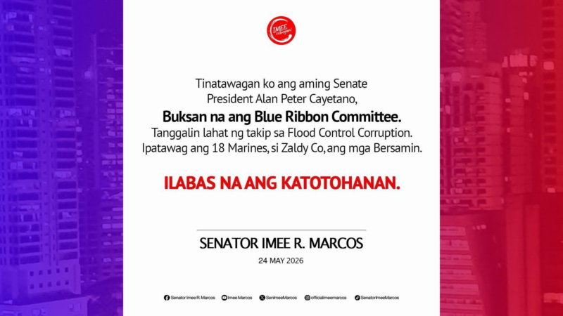 Sen. Imee humirit na ipatawag sa Blue Ribbon Hearing ang 18 Marines at si Zaldy Co