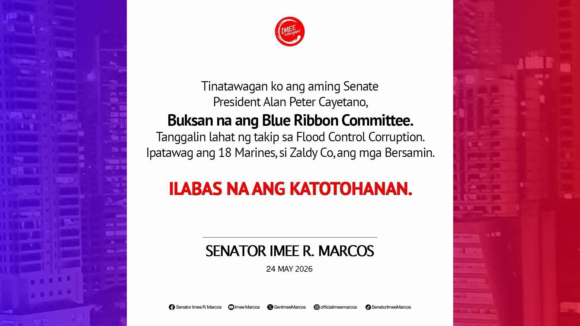 Sen. Imee humirit na ipatawag sa Blue Ribbon Hearing ang 18 Marines at si Zaldy Co