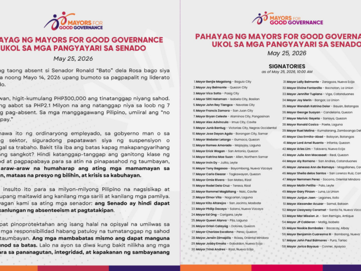 Mayors for Good Governance nanawagan sa senado na huwag protektahan si Sen. Bato