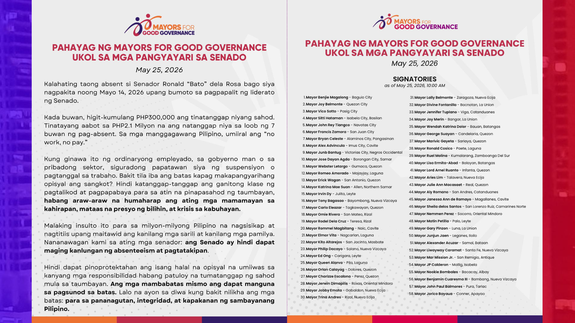 Mayors for Good Governance nanawagan sa senado na huwag protektahan si Sen. Bato