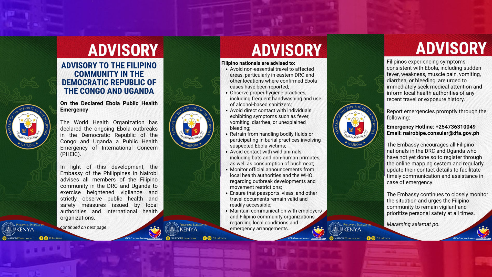Mga Pinoy sa Kenya pinasusunod sa health protocols sa Ebola