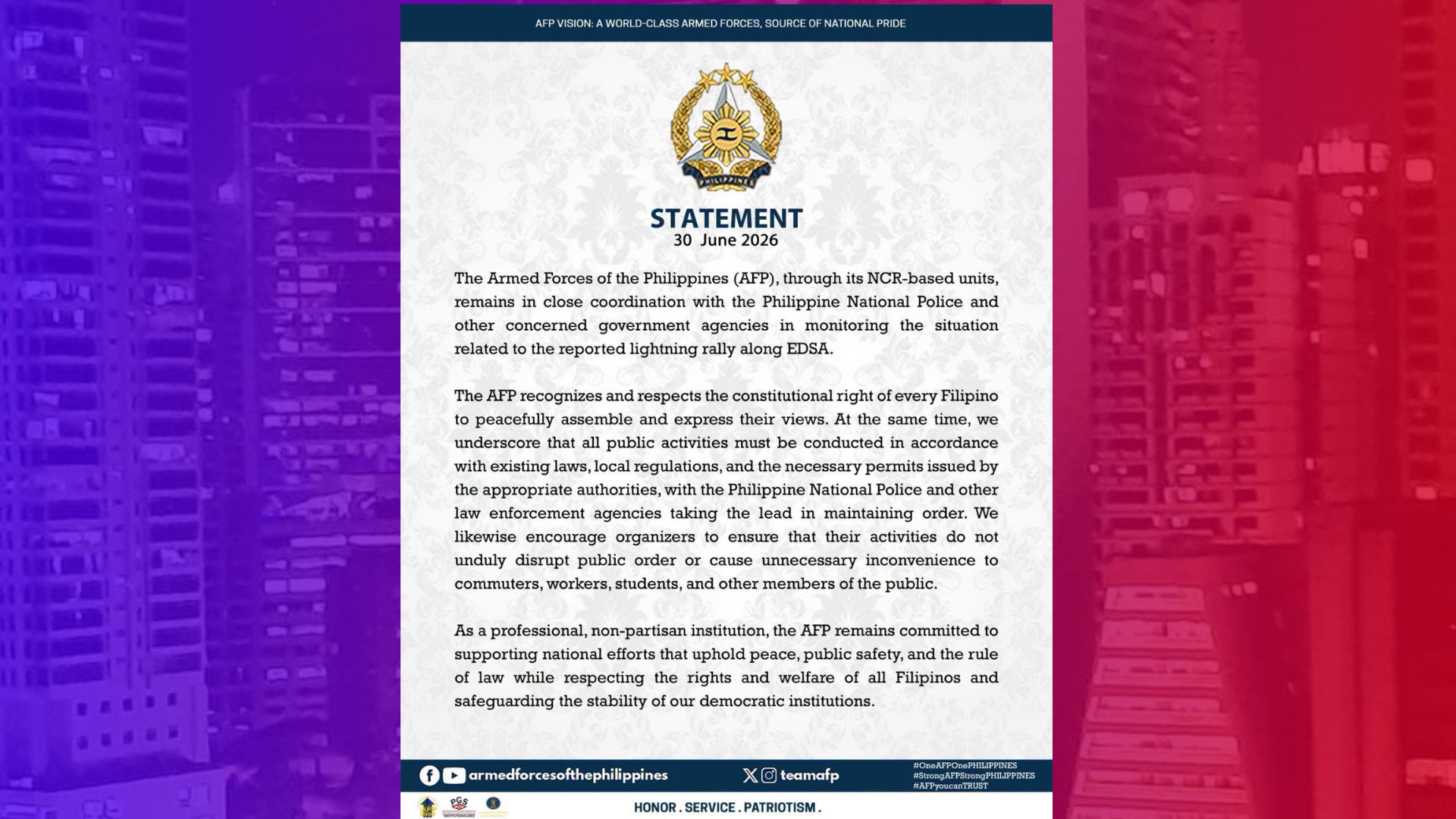 AFP nakabantay sa kilos protesta ng INC sa EDSA