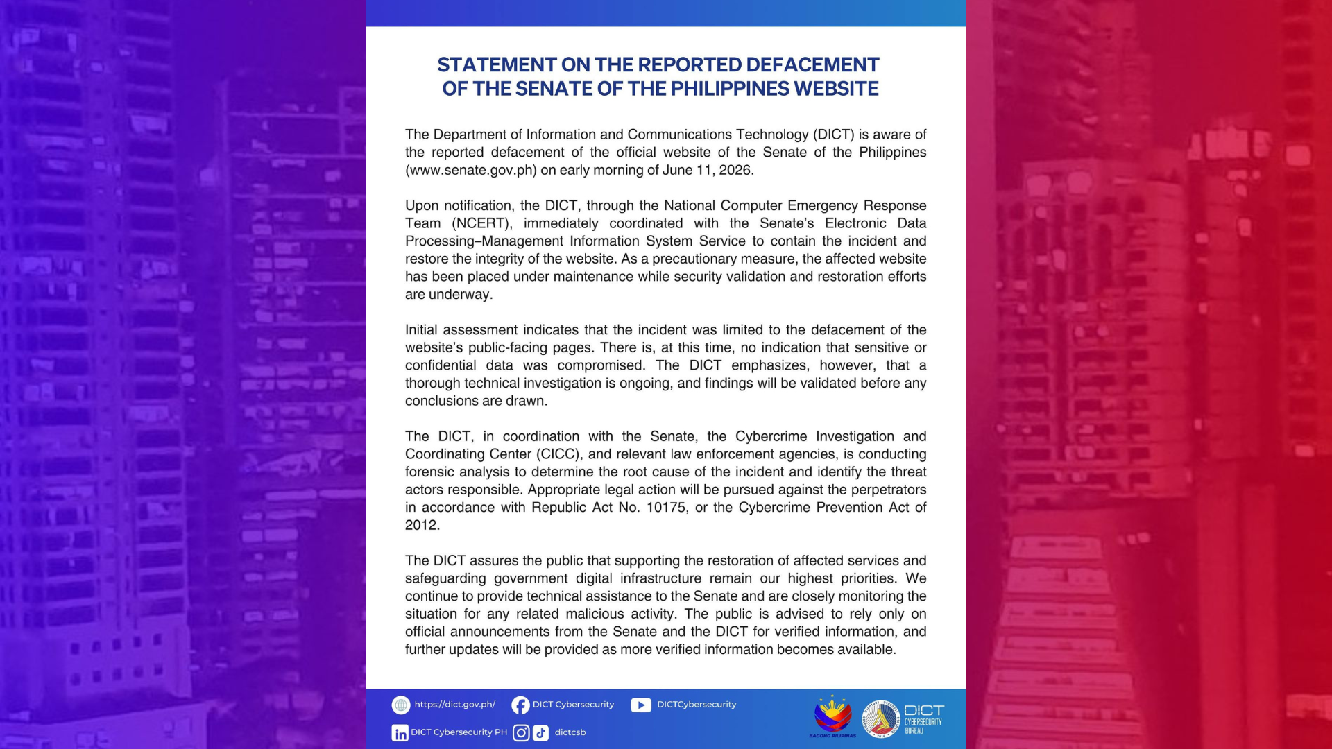 Walang nakompromisong impormasyon sa pag-atake sa Senate website – DICT