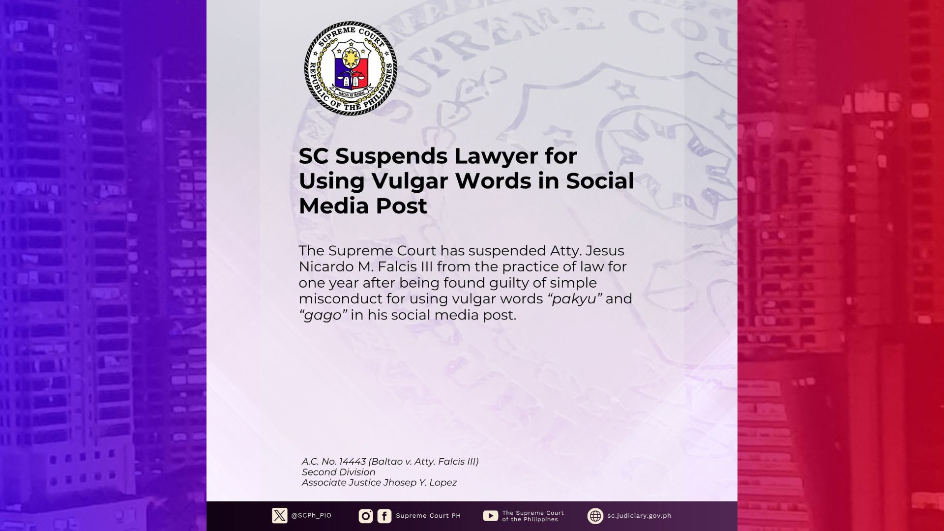 Atty. Jesus Falcis sinuspinde ng Korte Suprema dahil sa bulgar na tweet noong 2018
