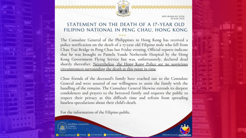 17-anyos na Pinoy nasawi matapos mahulog sa tulay sa Hongkong