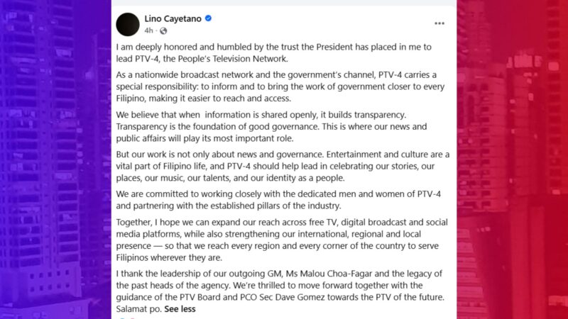 Transparency, good governance bitbit ni Lino Cayetano sa pagsisimula ng trabaho sa PTV-4
