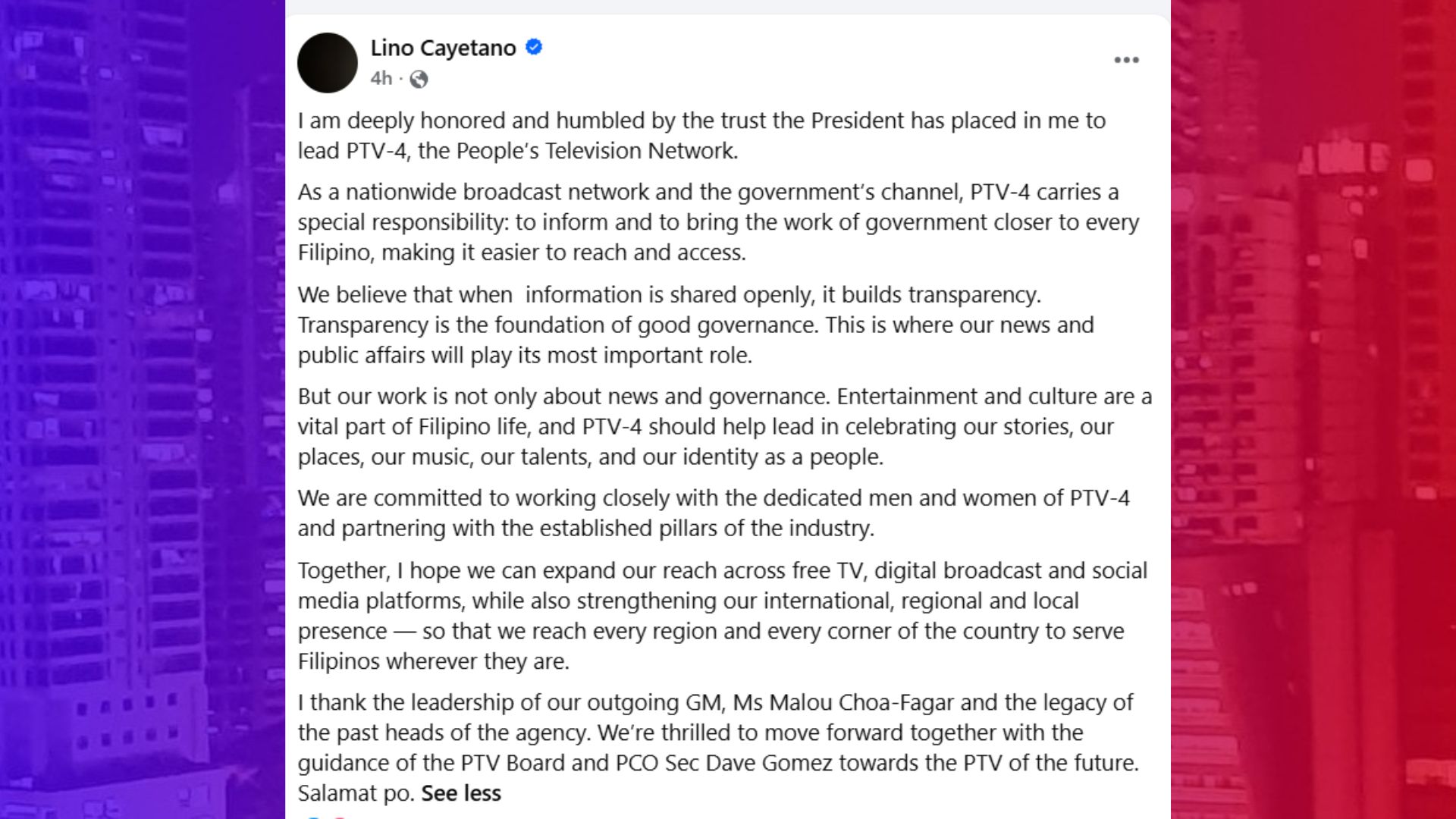 Transparency, good governance bitbit ni Lino Cayetano sa pagsisimula ng trabaho sa PTV-4