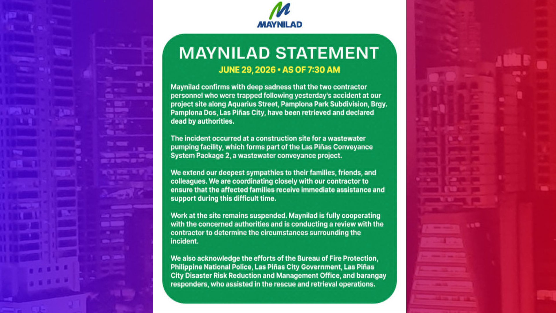 2 trabahador nasawi sa pagguho ng hukay sa ginagawang tubo ng Maynilad sa Las Piñas