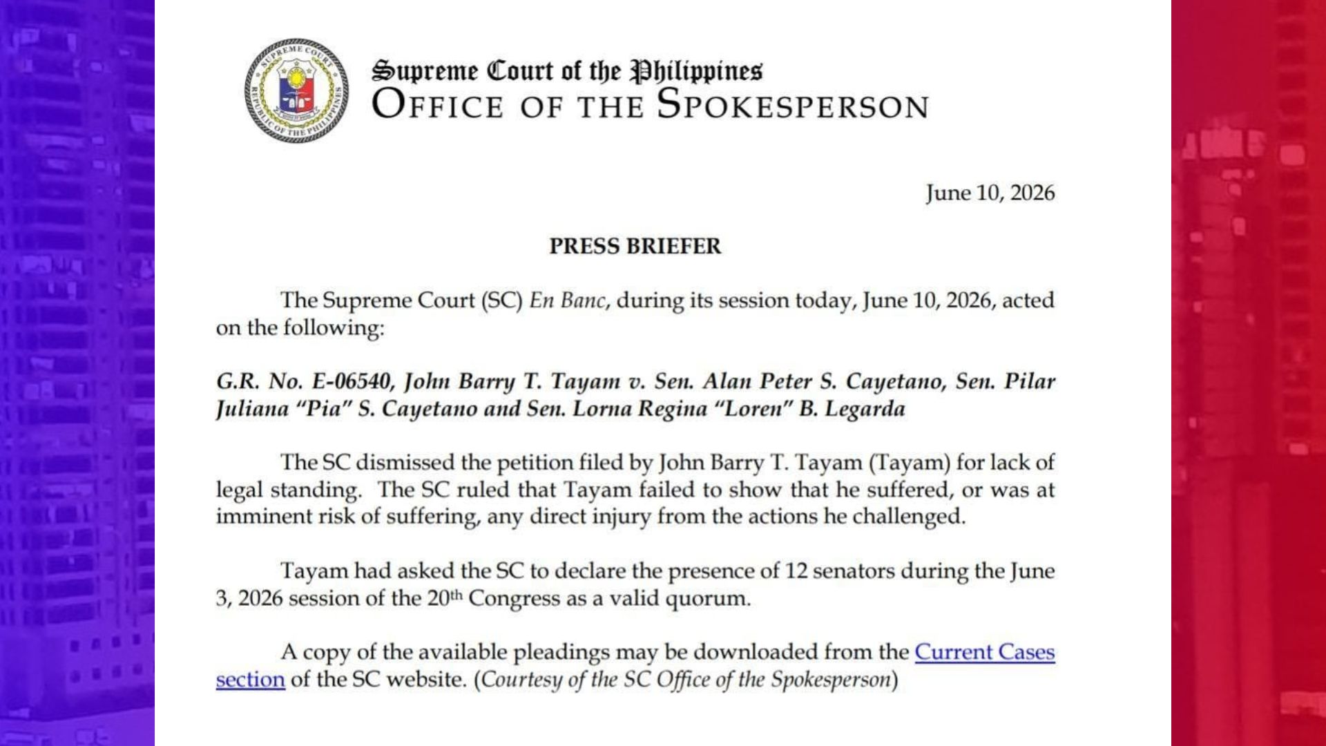 Petisyon inihain ng isang guro tungkol sa palitan ng liderato sa Senado ibinasura ng SC
