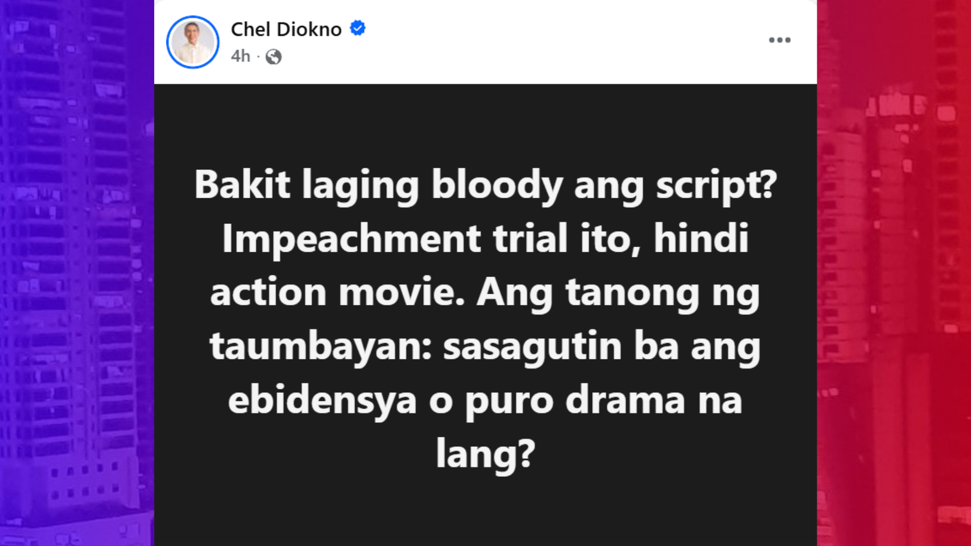 Rep. Diokno binatikos ang “bloodied” statement ni VP Sara
