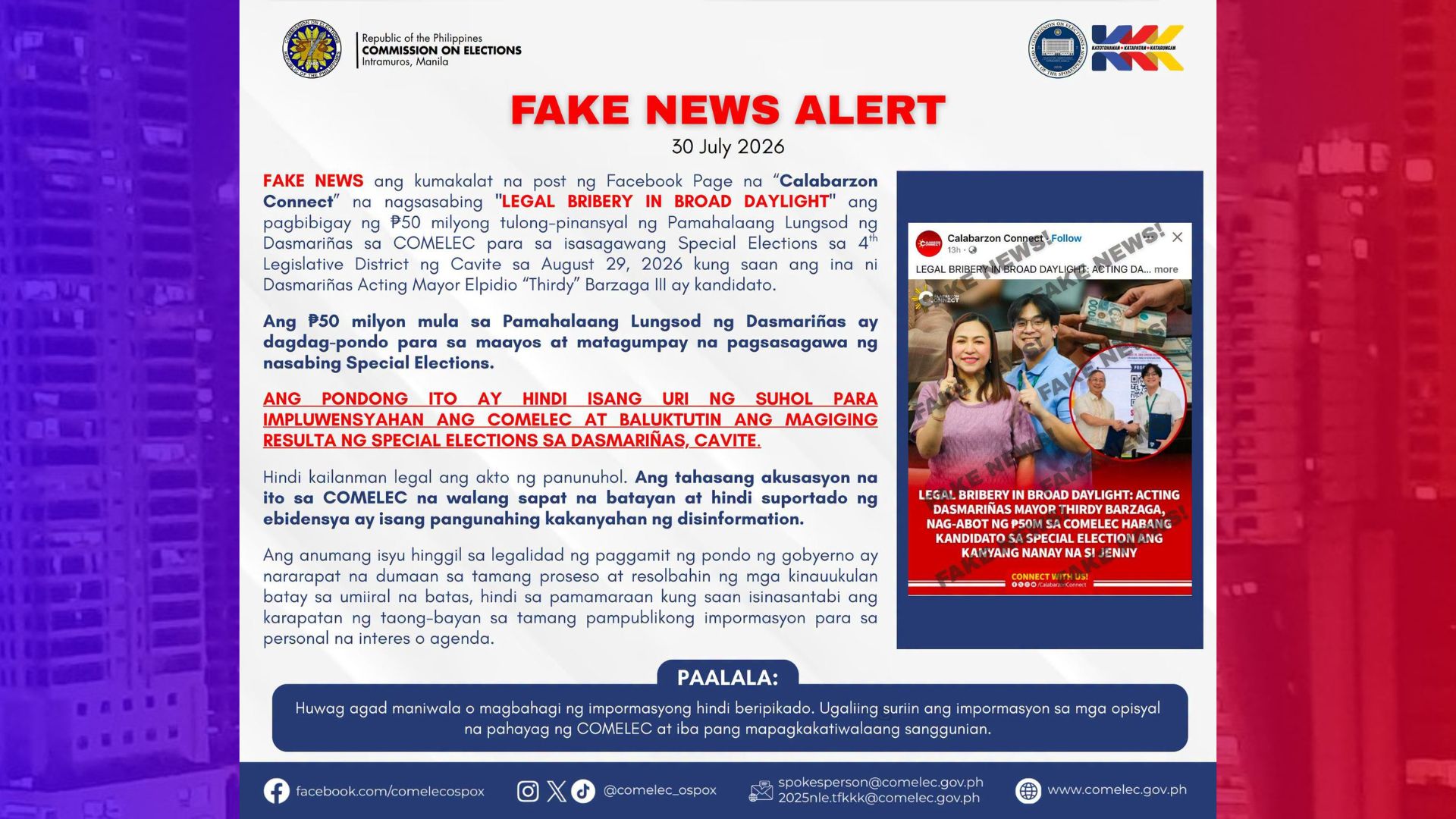 P50M cash na bigay ni acting Dasma Mayor Thirdy Barzaga sa Comelec hindi suhol sa eleksyon