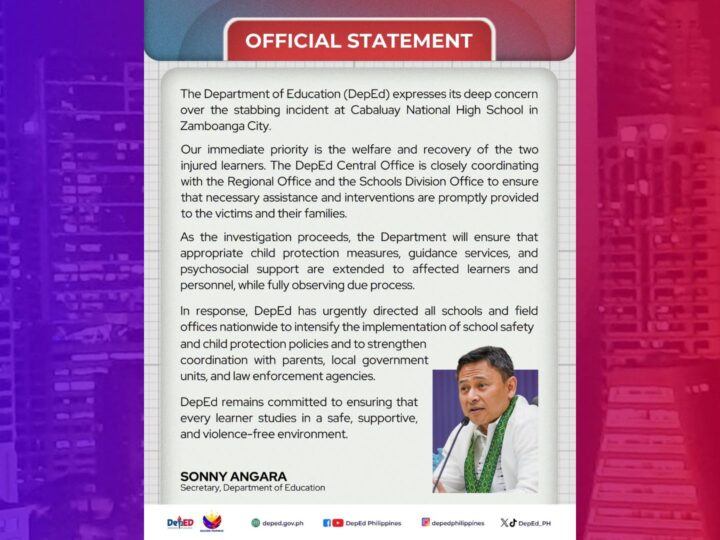 DepEd tinututukan ang lagay ng 2 estudyanteng biktima ng pananaksak sa Zamboanga