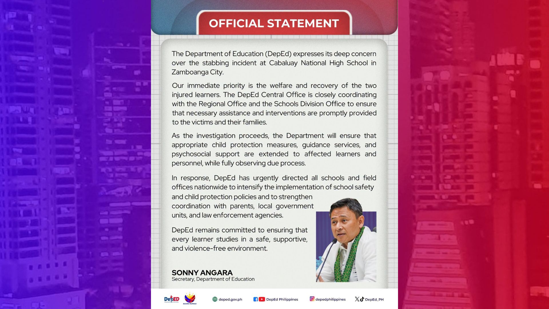 DepEd tinututukan ang lagay ng 2 estudyanteng biktima ng pananaksak sa Zamboanga