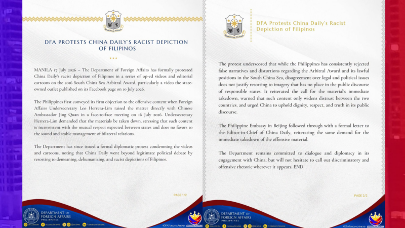 DFA nagkasa ng diplomatic protest dahil sa racist post ng China Daily