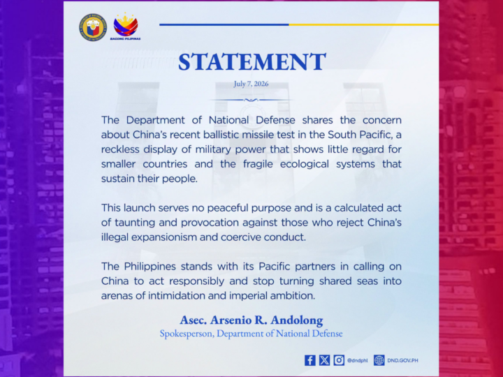 Ballistic Missile Test ng China kinondena ng Defense Department