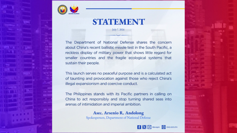 Ballistic Missile Test ng China kinondena ng Defense Department