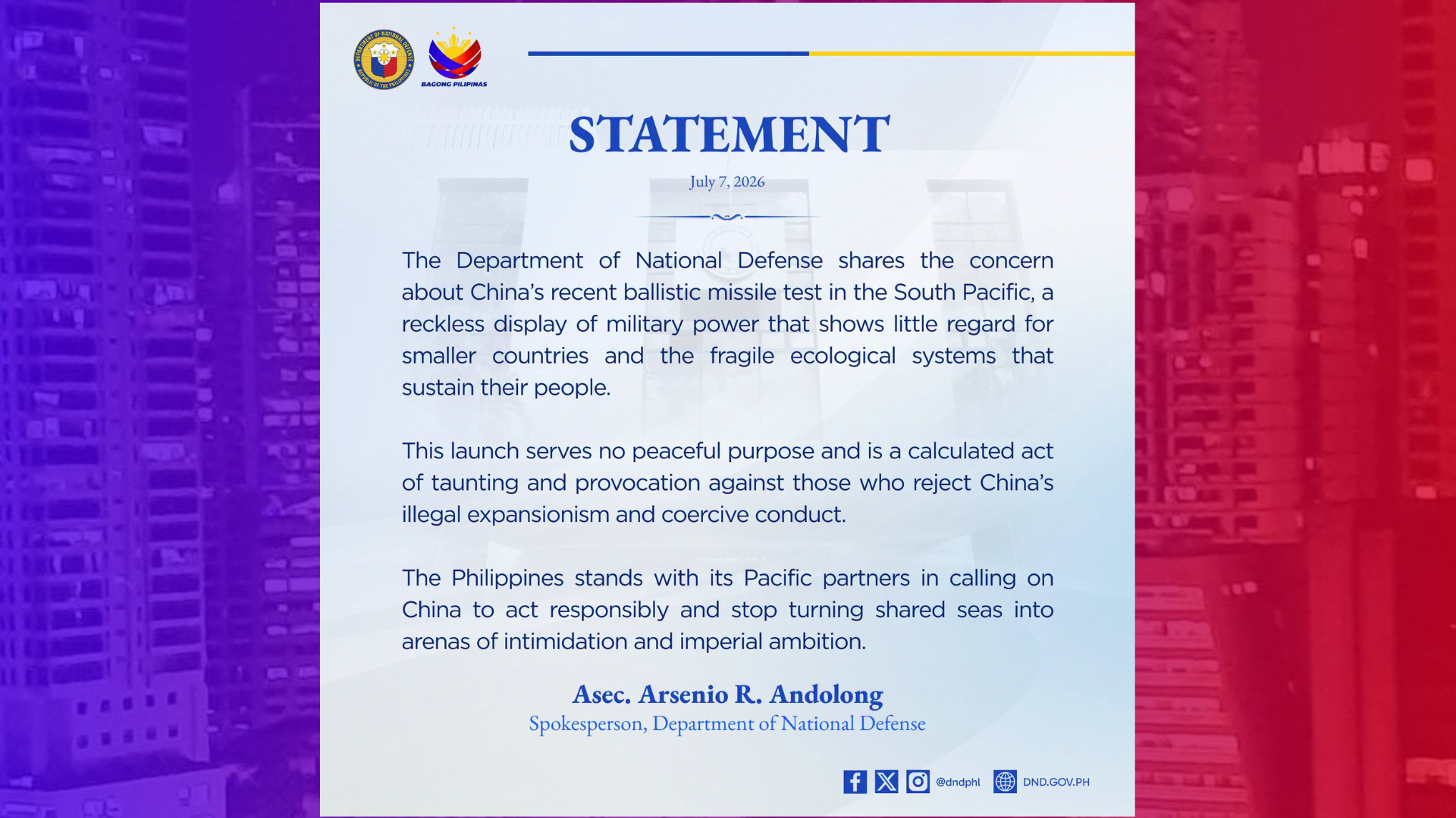 Ballistic Missile Test ng China kinondena ng Defense Department