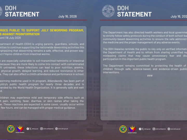 DOH umapela sa mga magulang na huwag maniwala sa misinformation sa deworming program