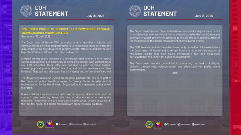 DOH umapela sa mga magulang na huwag maniwala sa misinformation sa deworming program
