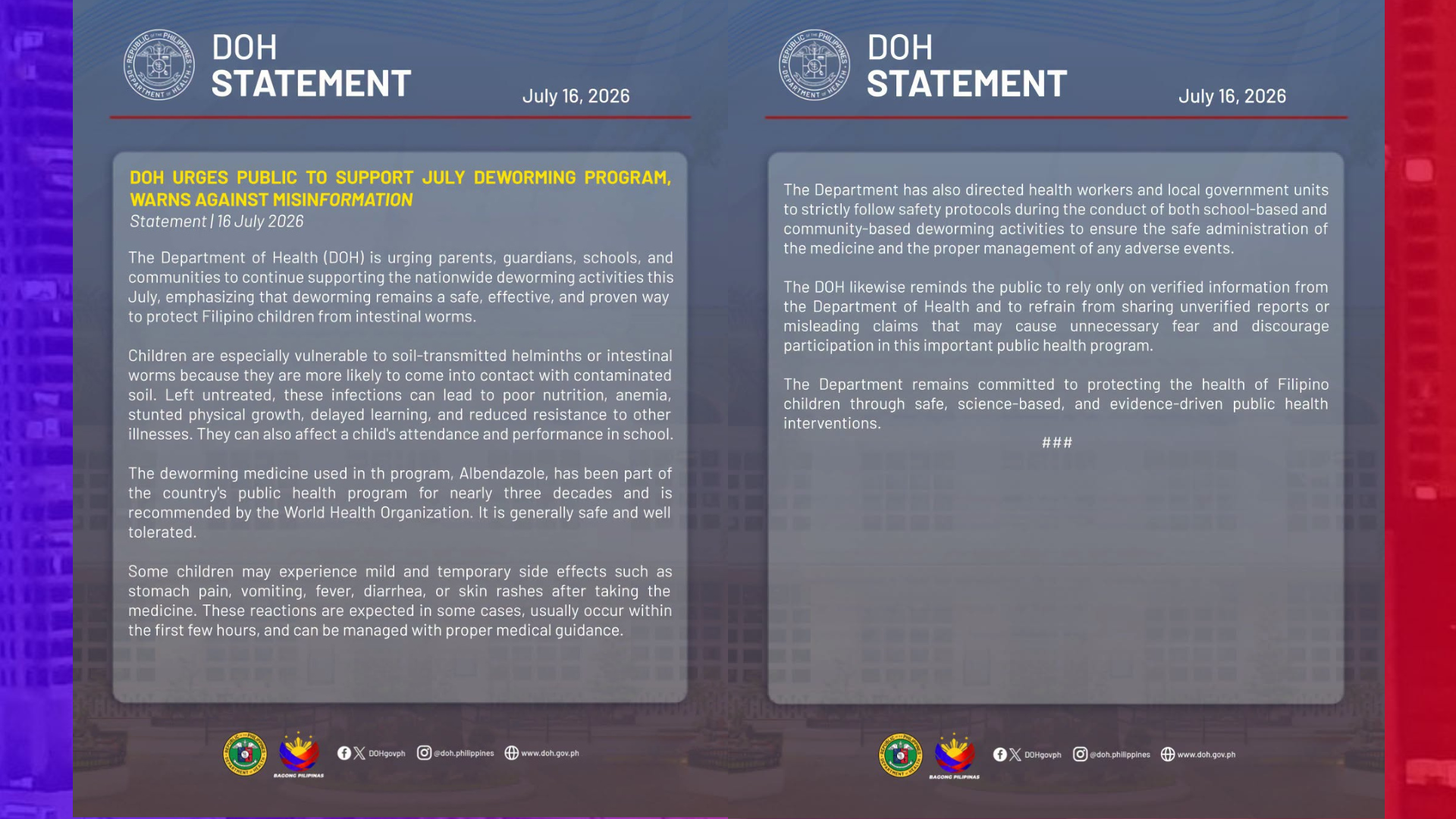 DOH umapela sa mga magulang na huwag maniwala sa misinformation sa deworming program