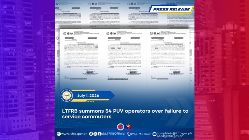 LTFRB ipinatawag ang operators ng 34 na PUVs na ginamit sa QC rally
