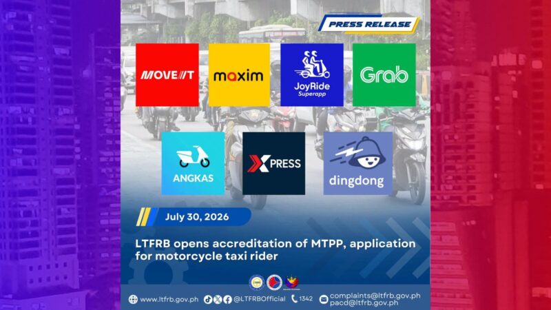 LTFRB tatanggap muli ng aplikasyon para sa prangkisa ng Motorcycle Taxi