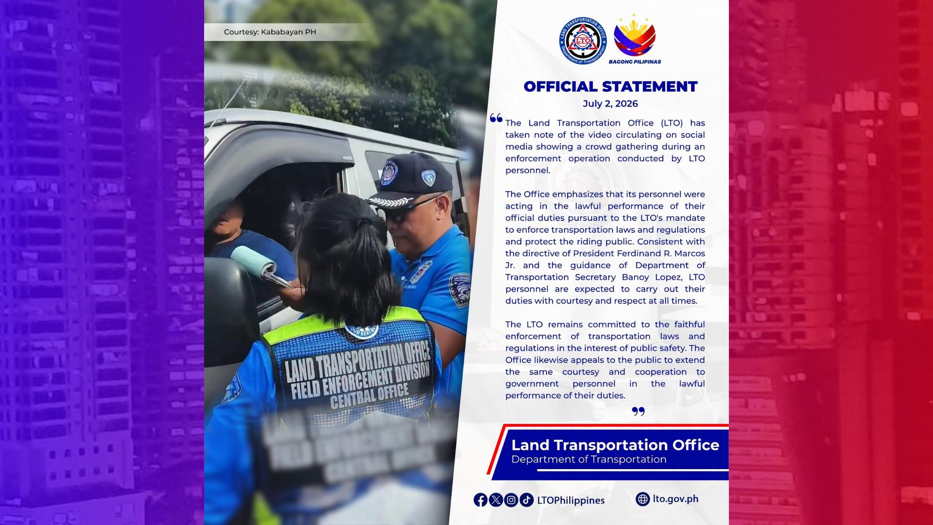 LTO umapela sa publiko irespeto ang mga tauhan ng gobyerno na ginagawa lang ang tungkulin