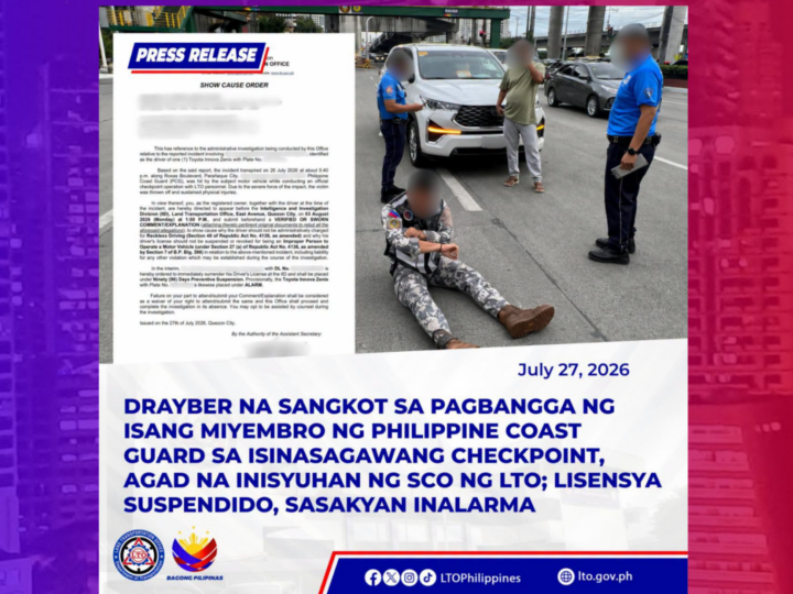 LTO nag-isyu ng show cause order vs driver na nakabangga sa tauhan ng Coast Guard sa checkpoint sa Parañaque