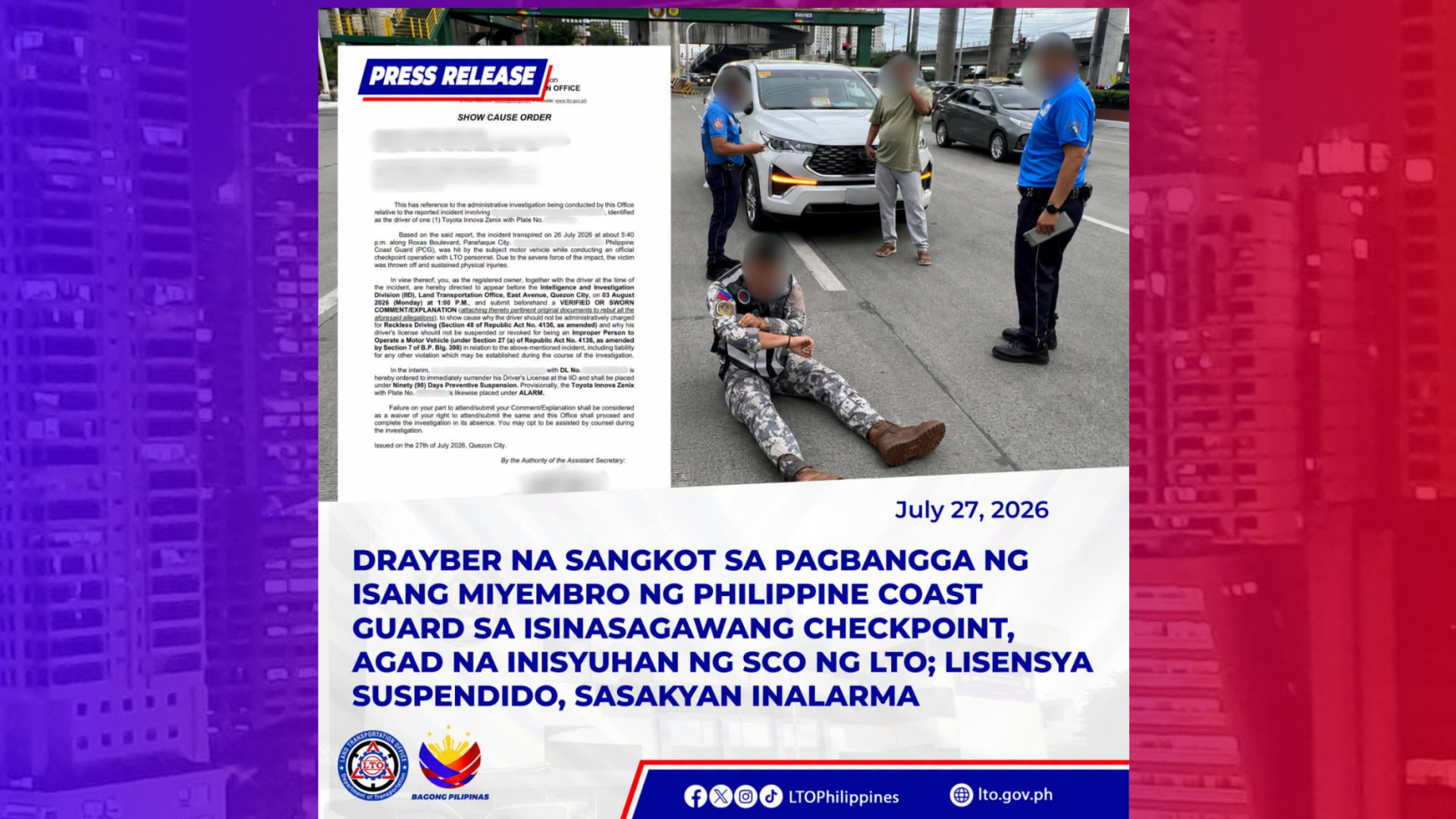 LTO nag-isyu ng show cause order vs driver na nakabangga sa tauhan ng Coast Guard sa checkpoint sa Parañaque