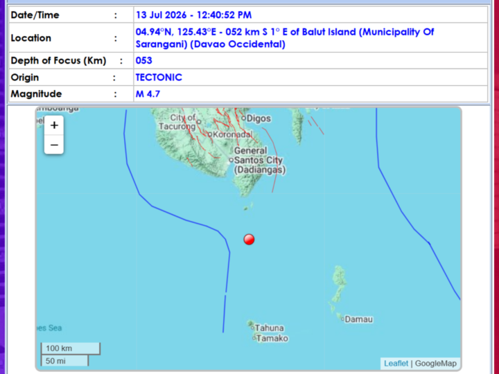 Magnitude 4.7 na lindol tumama sa Davao Occidental