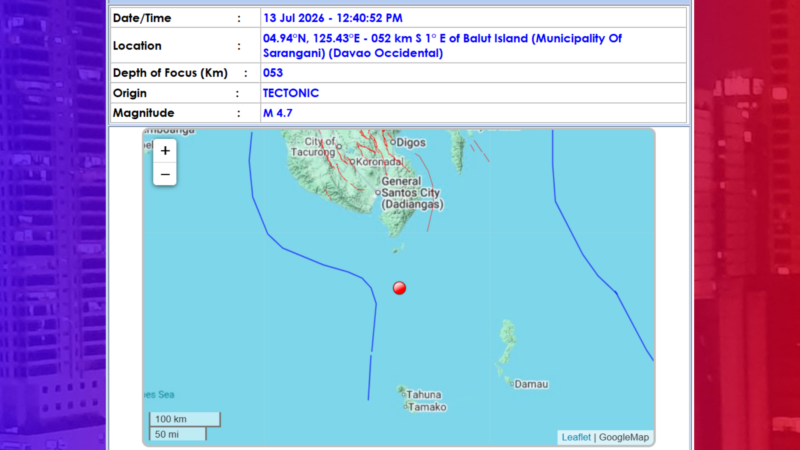 Magnitude 4.7 na lindol tumama sa Davao Occidental