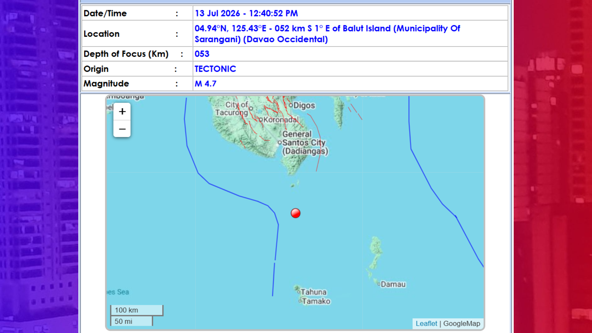 Magnitude 4.7 na lindol tumama sa Davao Occidental