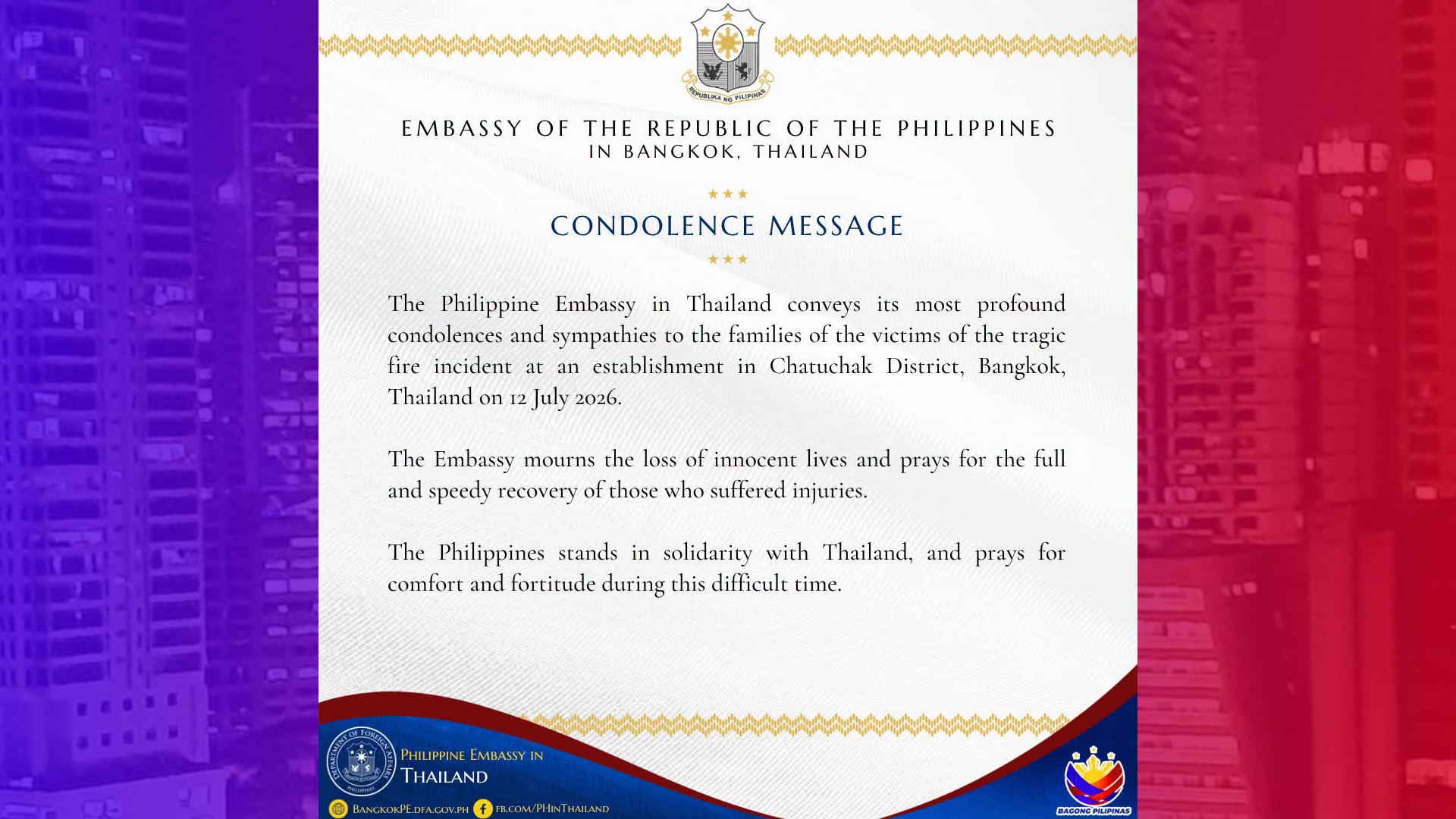 Pinas nakiramay sa Thailand kasunod ng sunog na naganap sa Bangkok