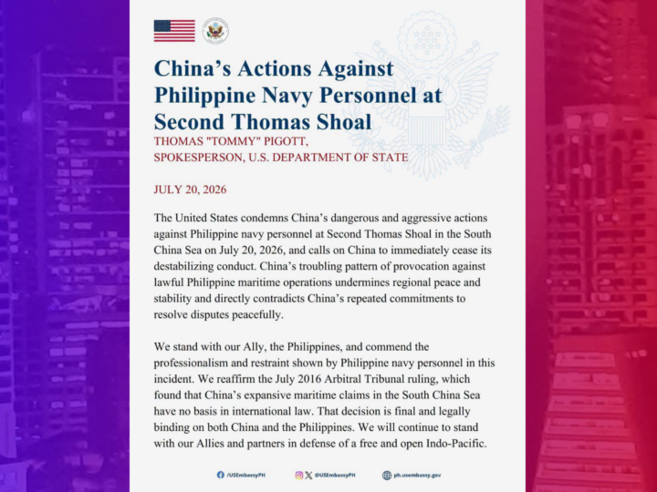 US Embassy kinondena ang aksyon ng China Coast Guard sa Ayungin Shoal