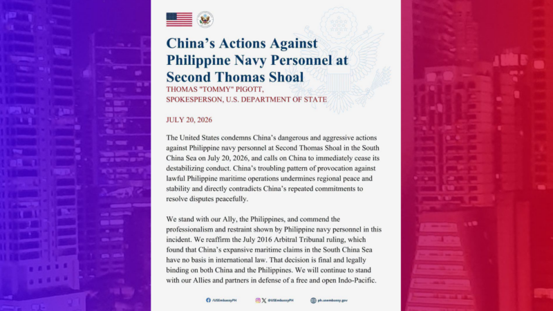 US Embassy kinondena ang aksyon ng China Coast Guard sa Ayungin Shoal